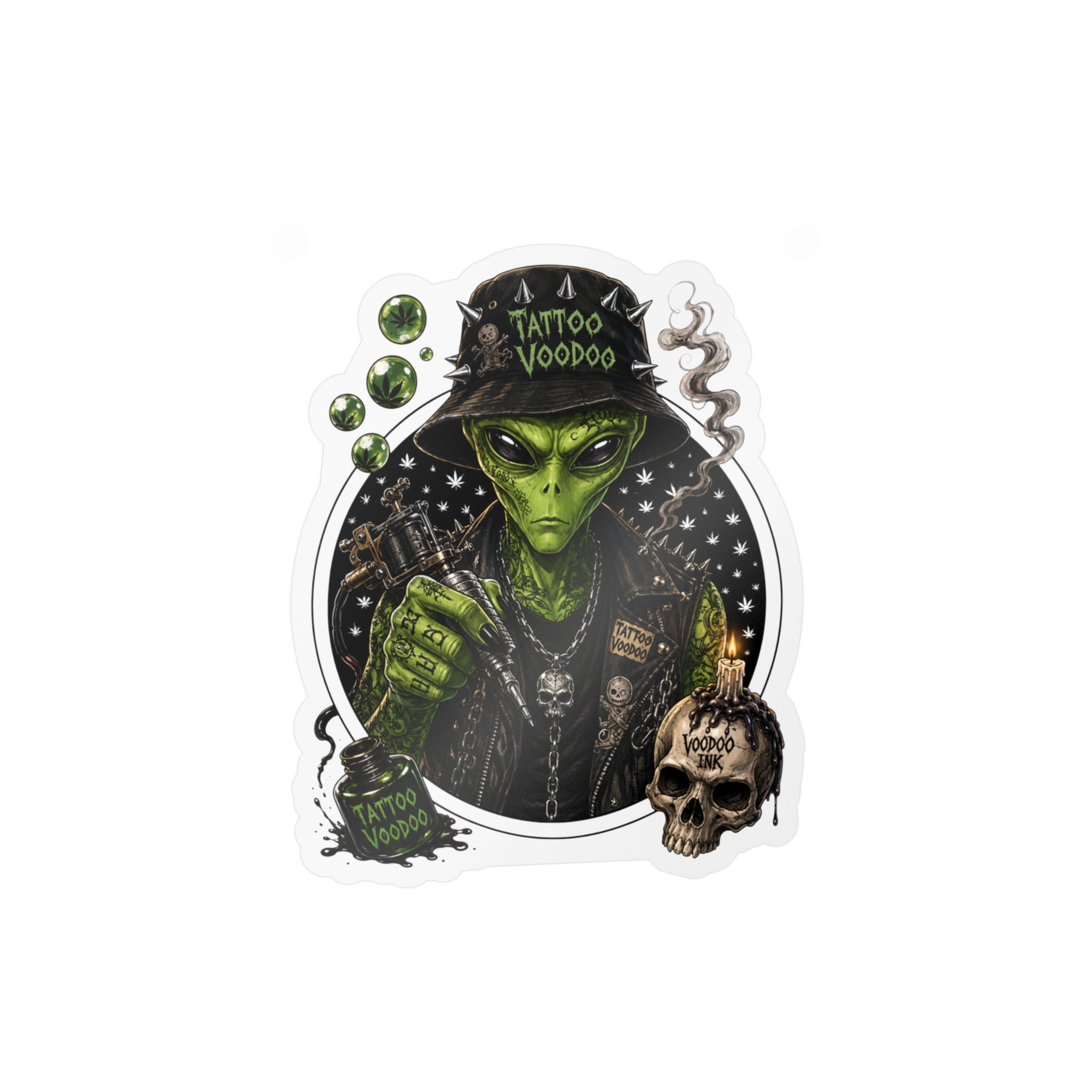 Alien Voodoo Tattoo Kiss-Cut Vinyl Decal — Green Alien with Skull & Smoke