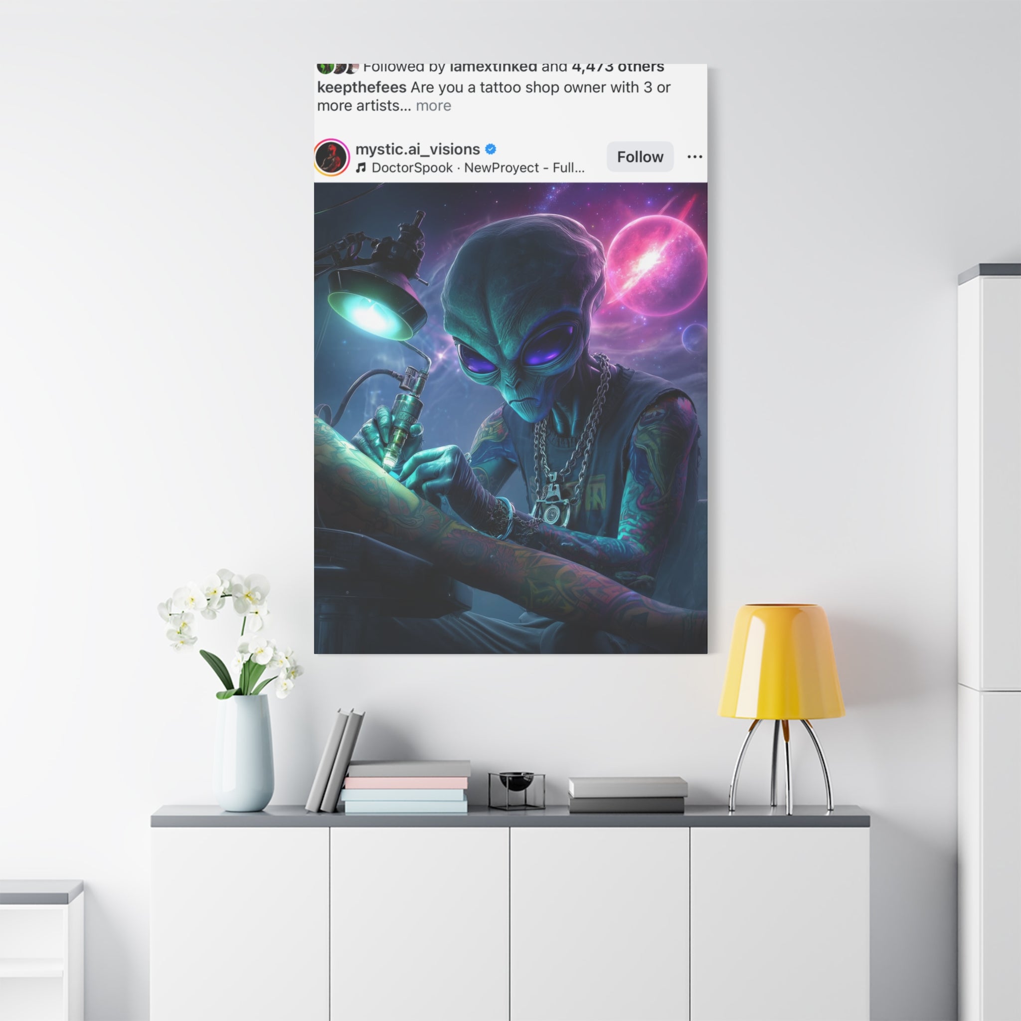 Alien Tattoo Artist Matte Canvas Print — Sci‑Fi Wall Art for Gamers & Nerd Decor