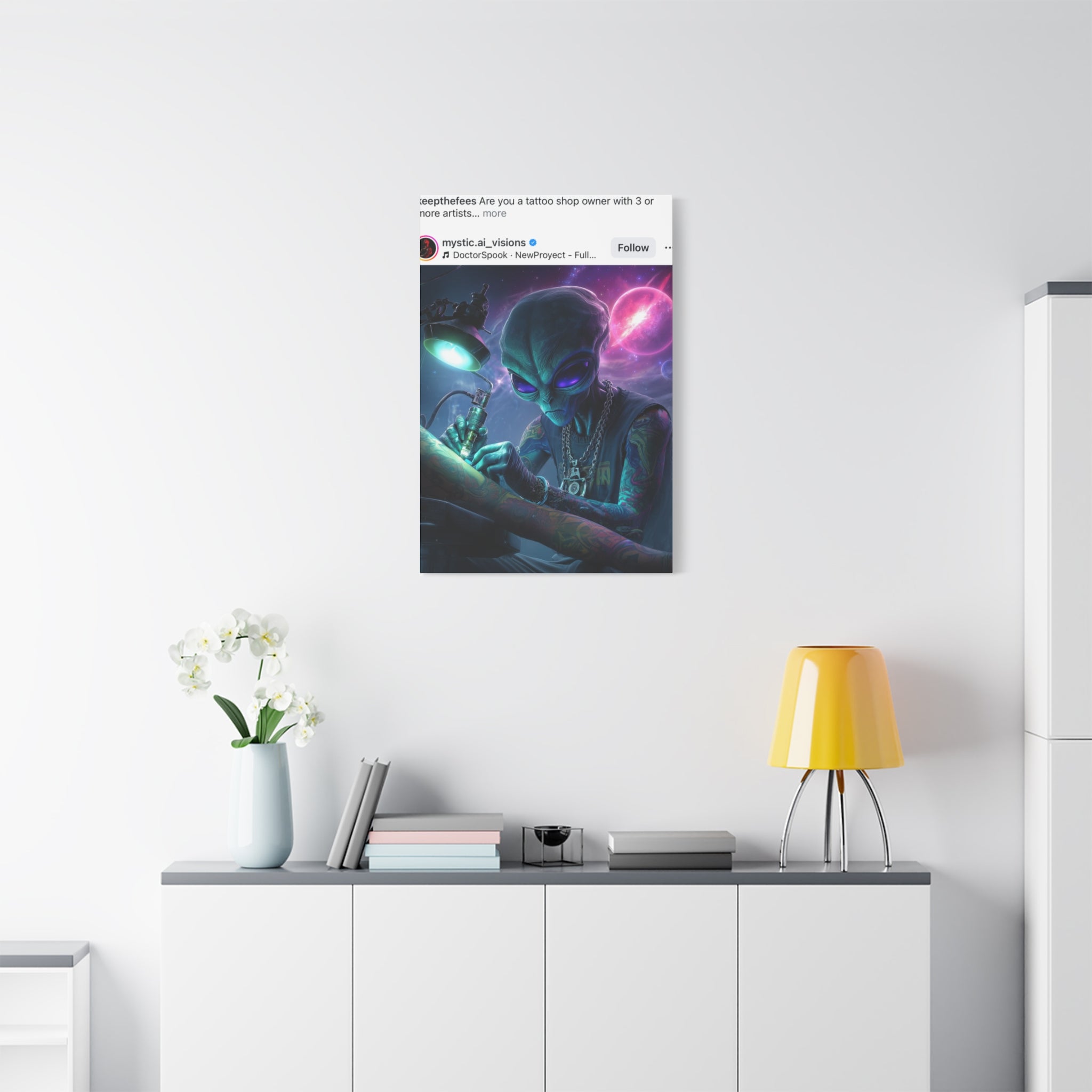 Alien Tattoo Artist Matte Canvas Print — Sci‑Fi Wall Art for Gamers & Nerd Decor