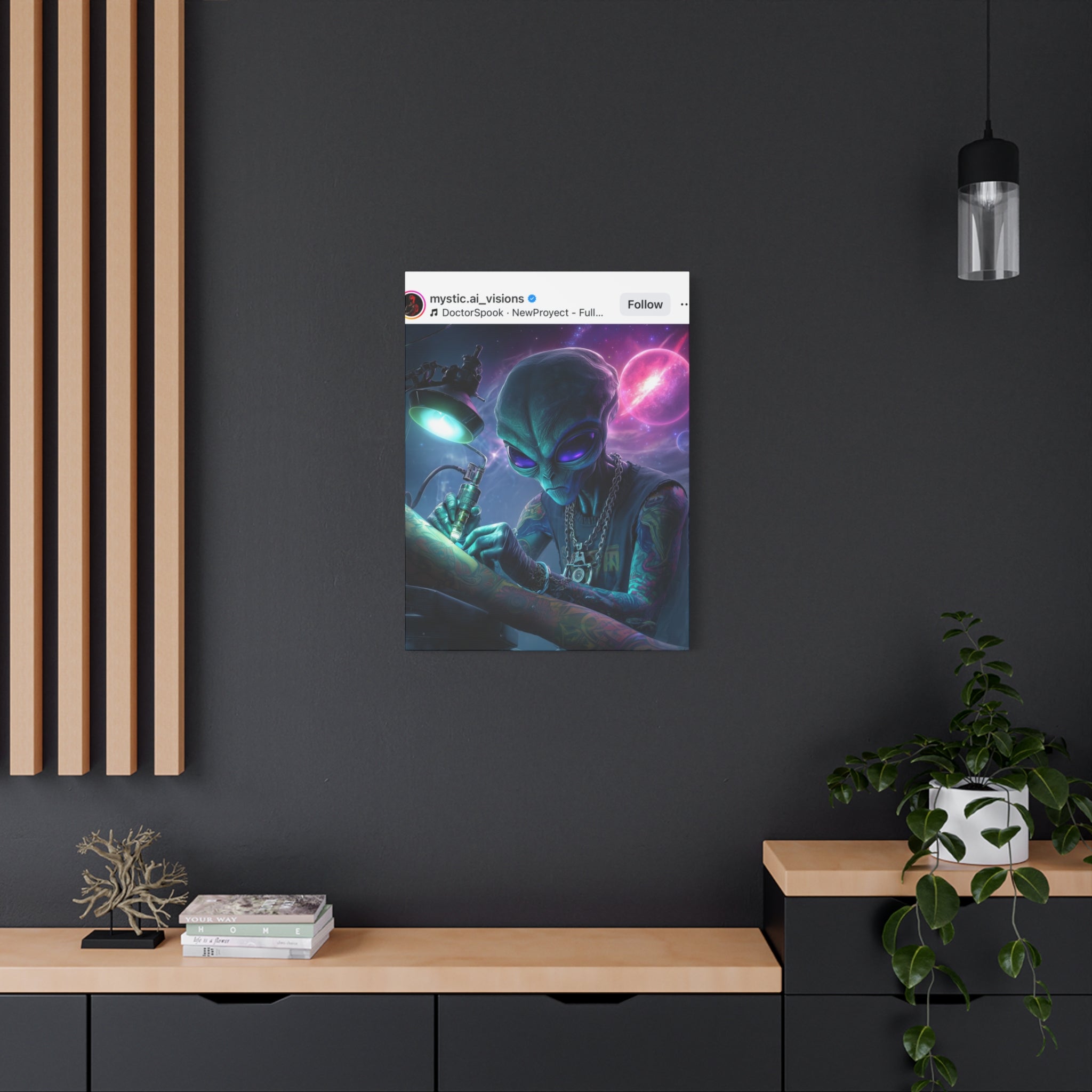 Alien Tattoo Artist Matte Canvas Print — Sci‑Fi Wall Art for Gamers & Nerd Decor