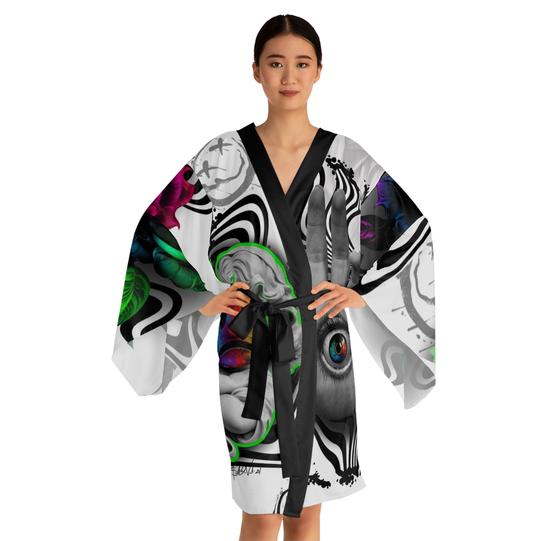 Psychedelic Kimono Robe — Colorful Surreal Rose & Hand Graphic by Artist Mizz Extinked