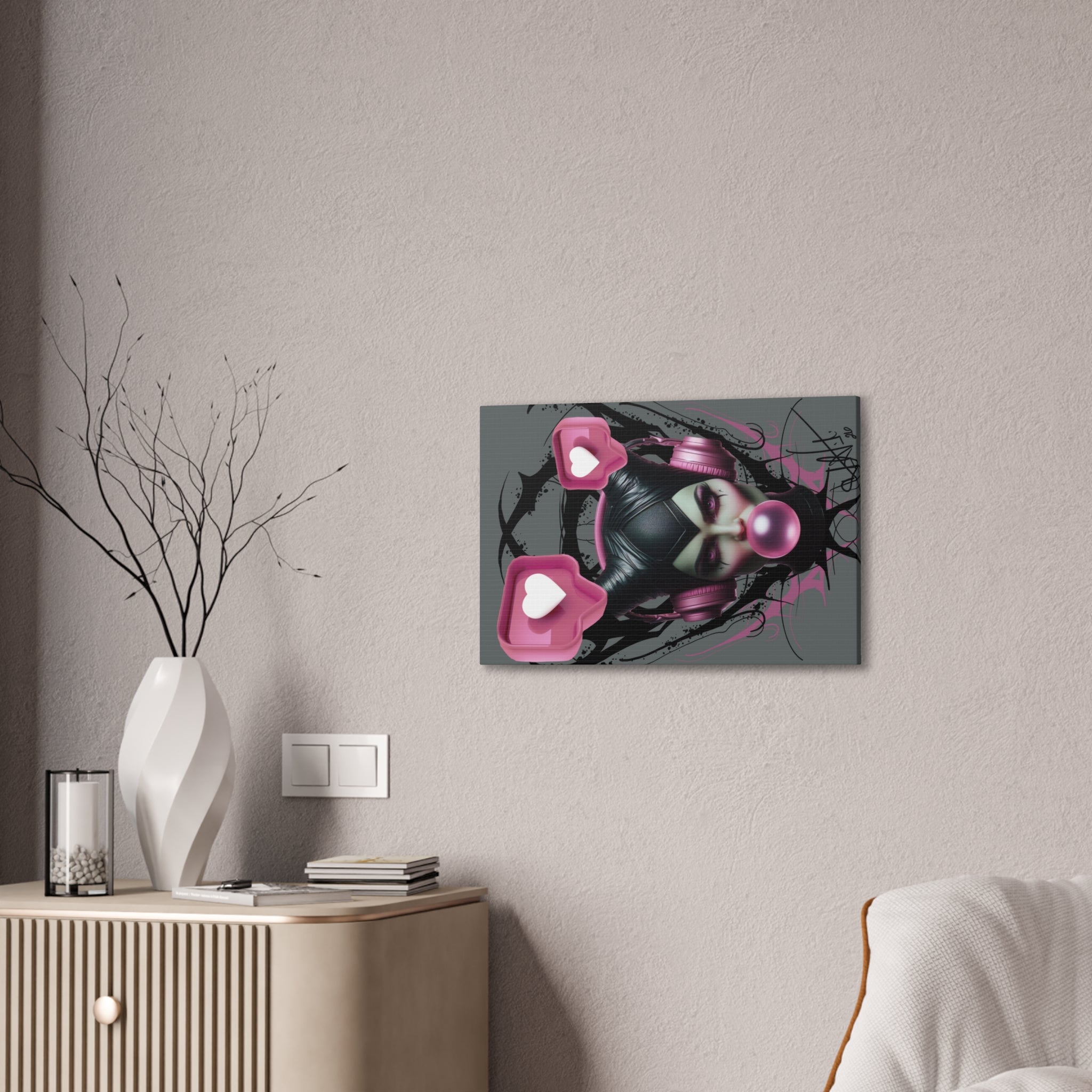 Gothic Pop Art Canvas Print — Pink Headphones & Bubblegum Femme