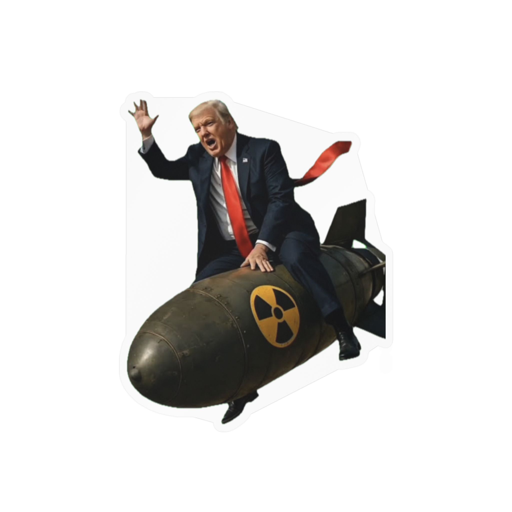 Political Satire Vinyl Sticker — Man Riding Nuclear Bomb Kiss-Cut Decal