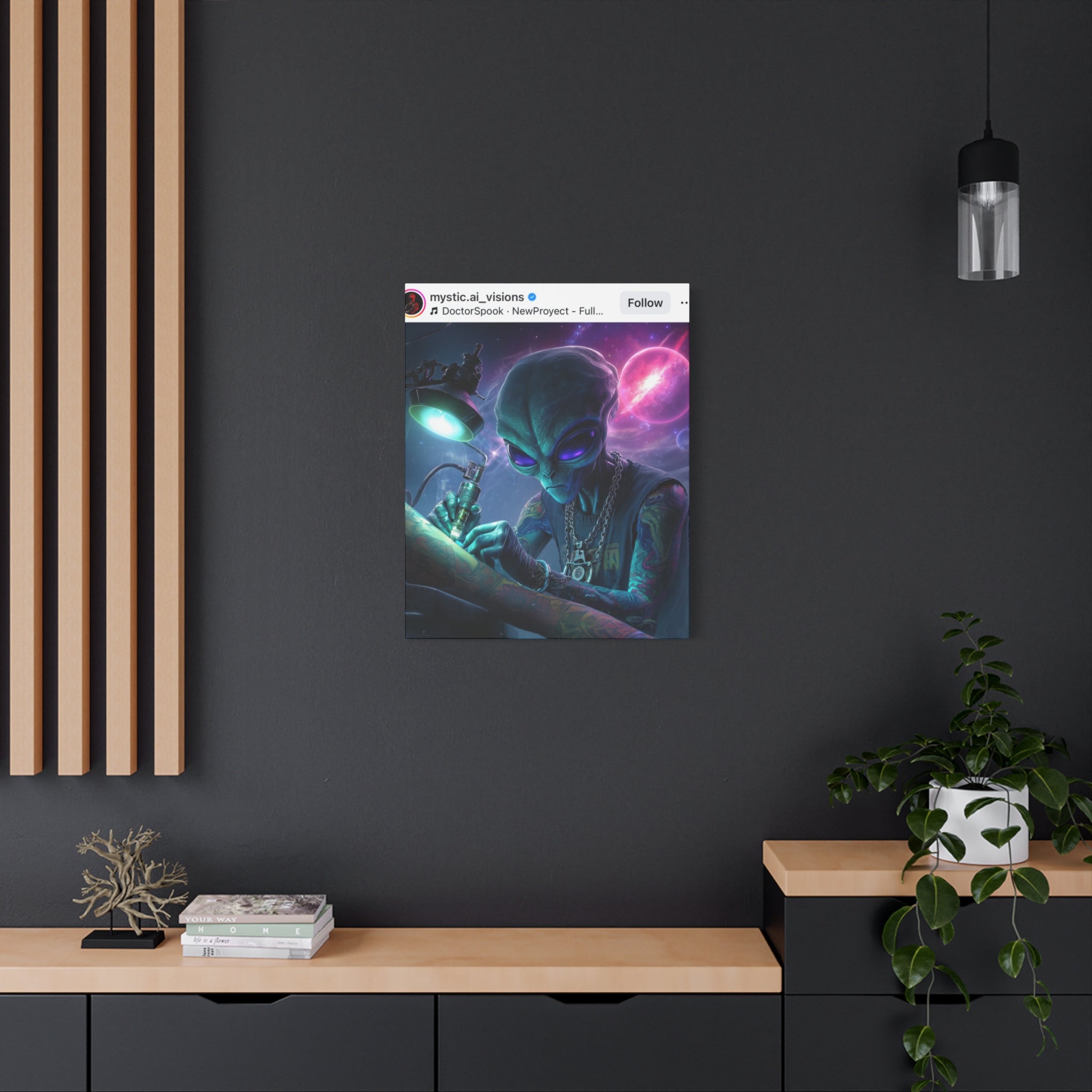 Alien Tattoo Artist Matte Canvas Print — Sci‑Fi Wall Art for Gamers & Nerd Decor