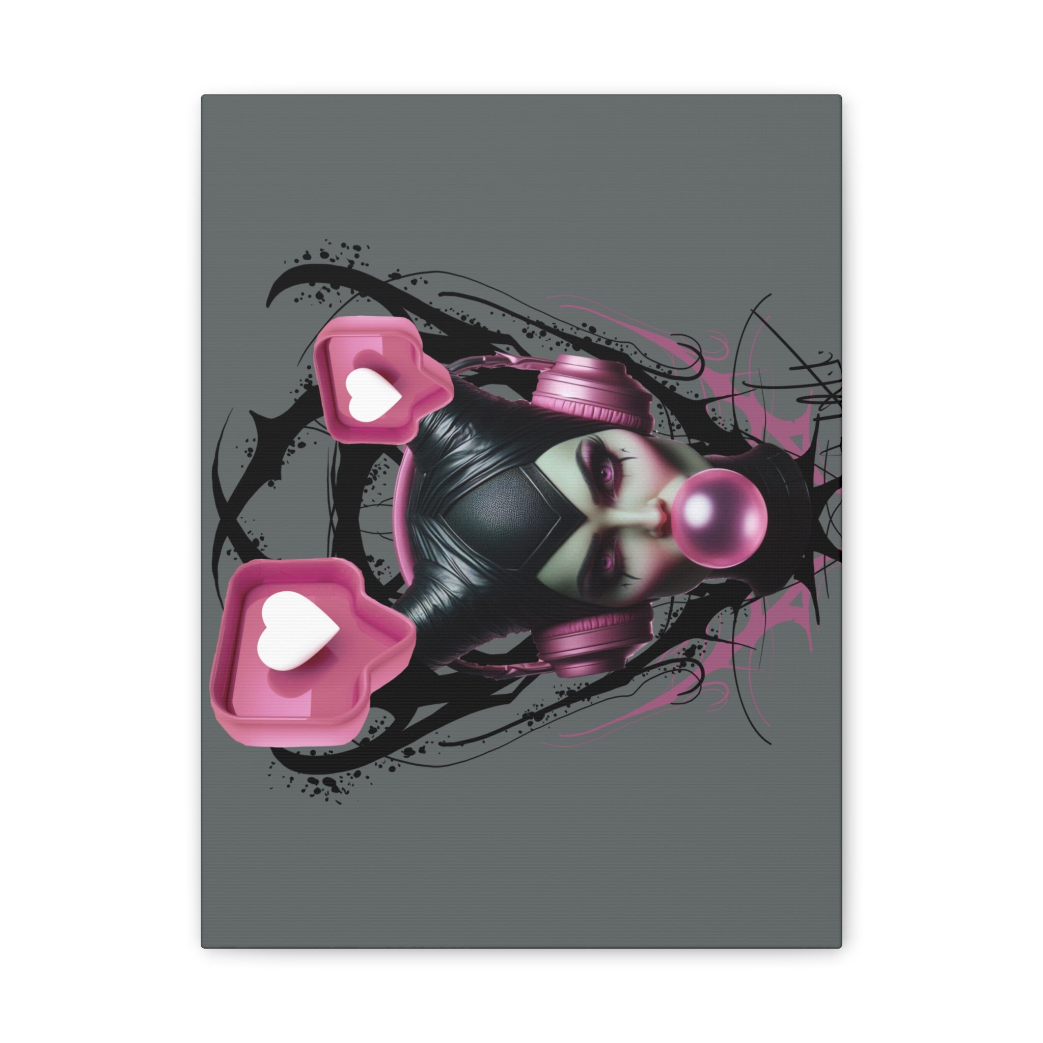 Gothic Pop Art Canvas Print — Pink Headphones & Bubblegum Femme