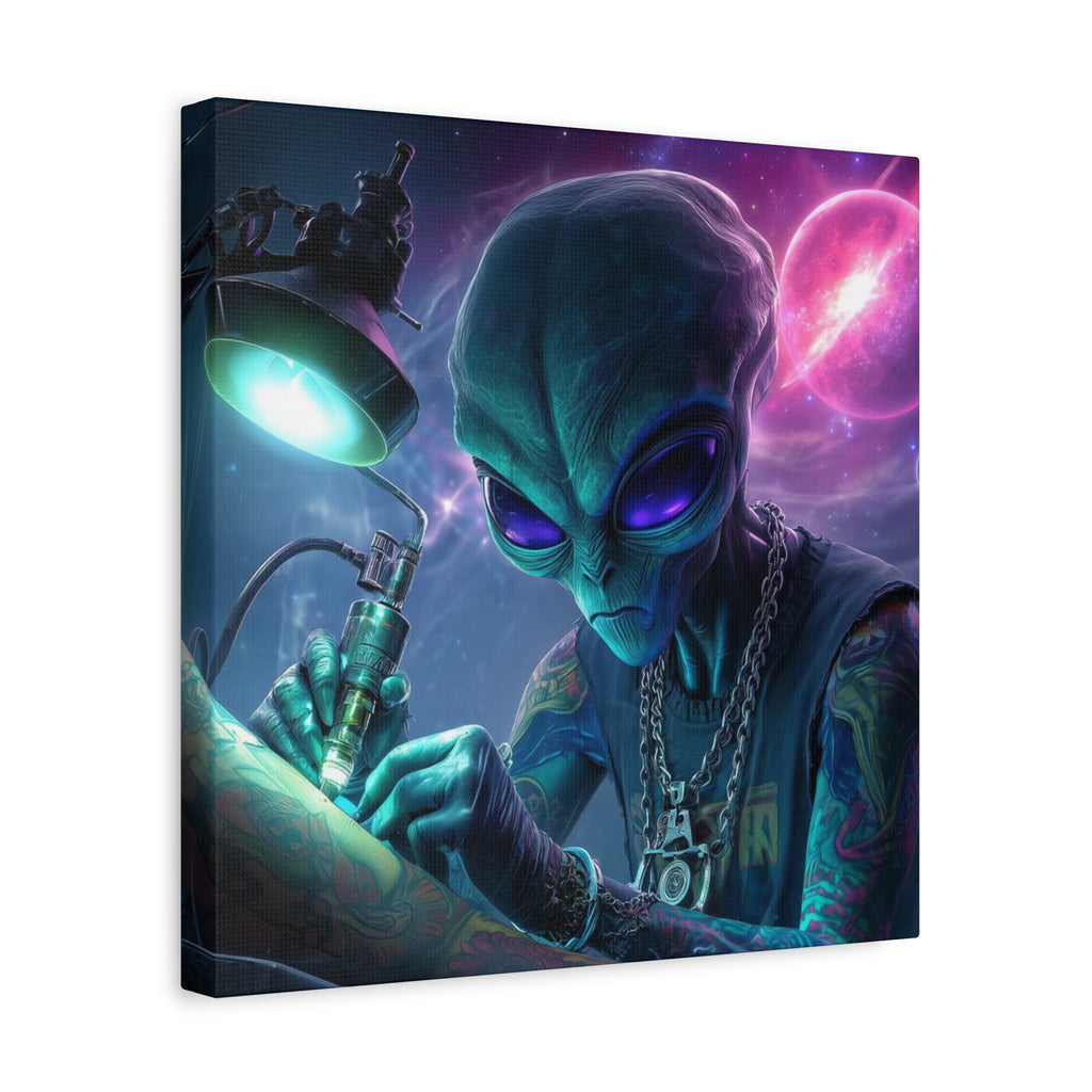 Alien Tattoo Artist Matte Canvas Print — Sci‑Fi Wall Art for Gamers & Nerd Decor
