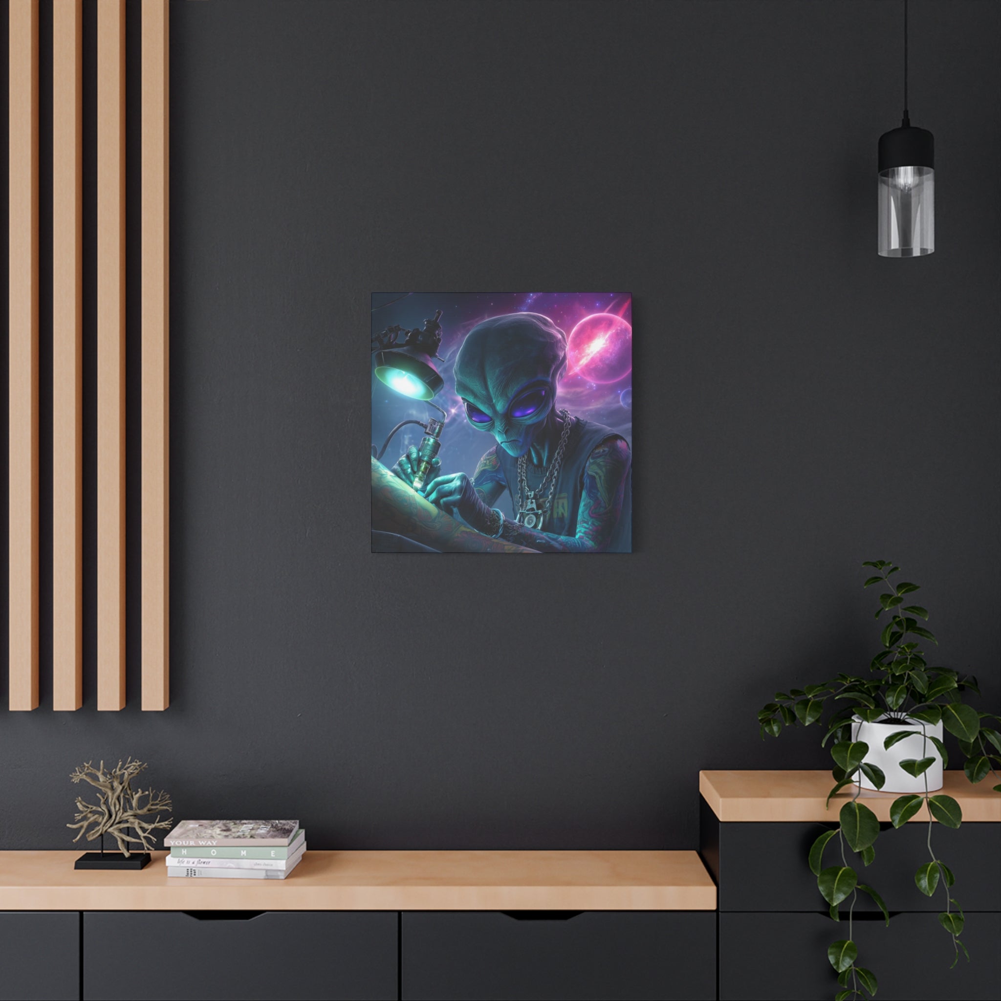 Alien Tattoo Artist Matte Canvas Print — Sci‑Fi Wall Art for Gamers & Nerd Decor