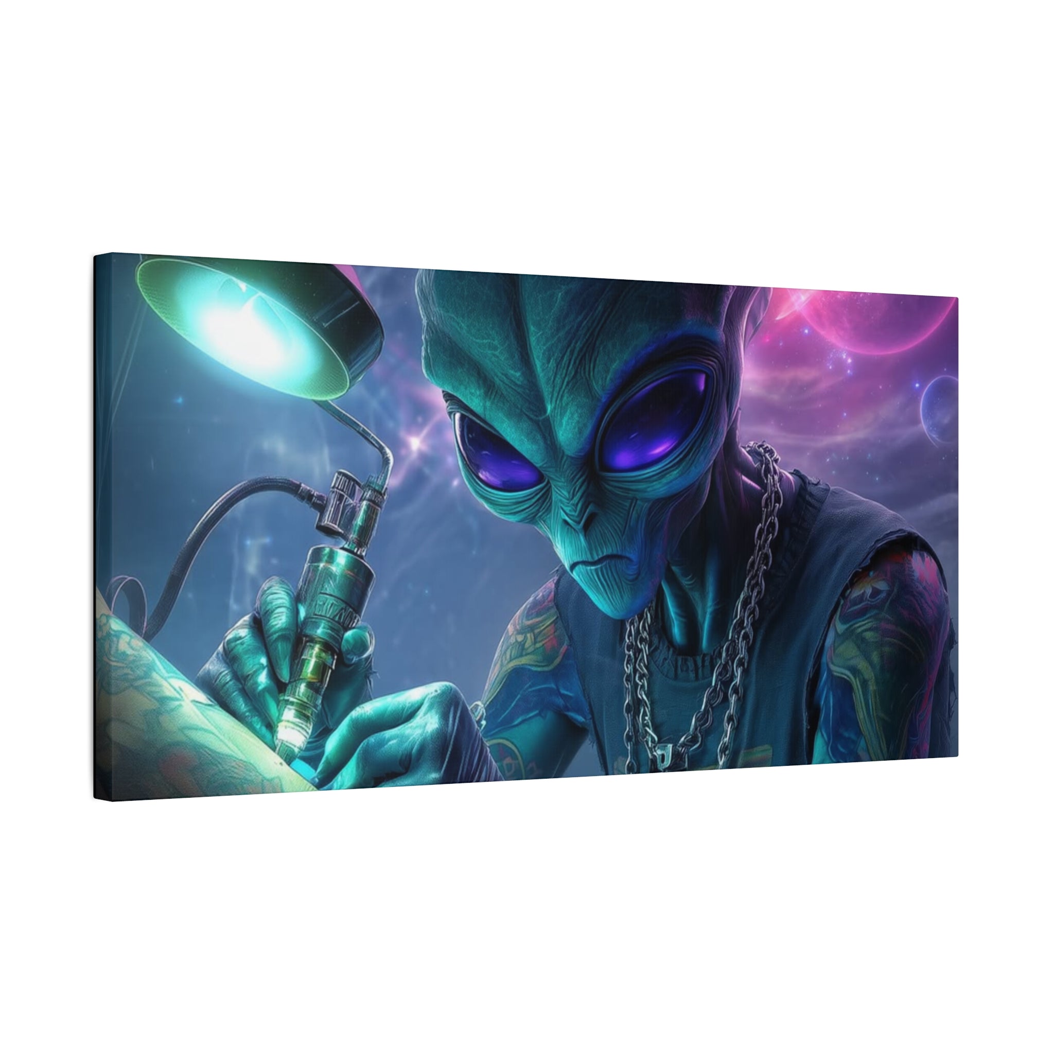 Alien Tattoo Artist Matte Canvas Print — Sci‑Fi Wall Art for Gamers & Nerd Decor
