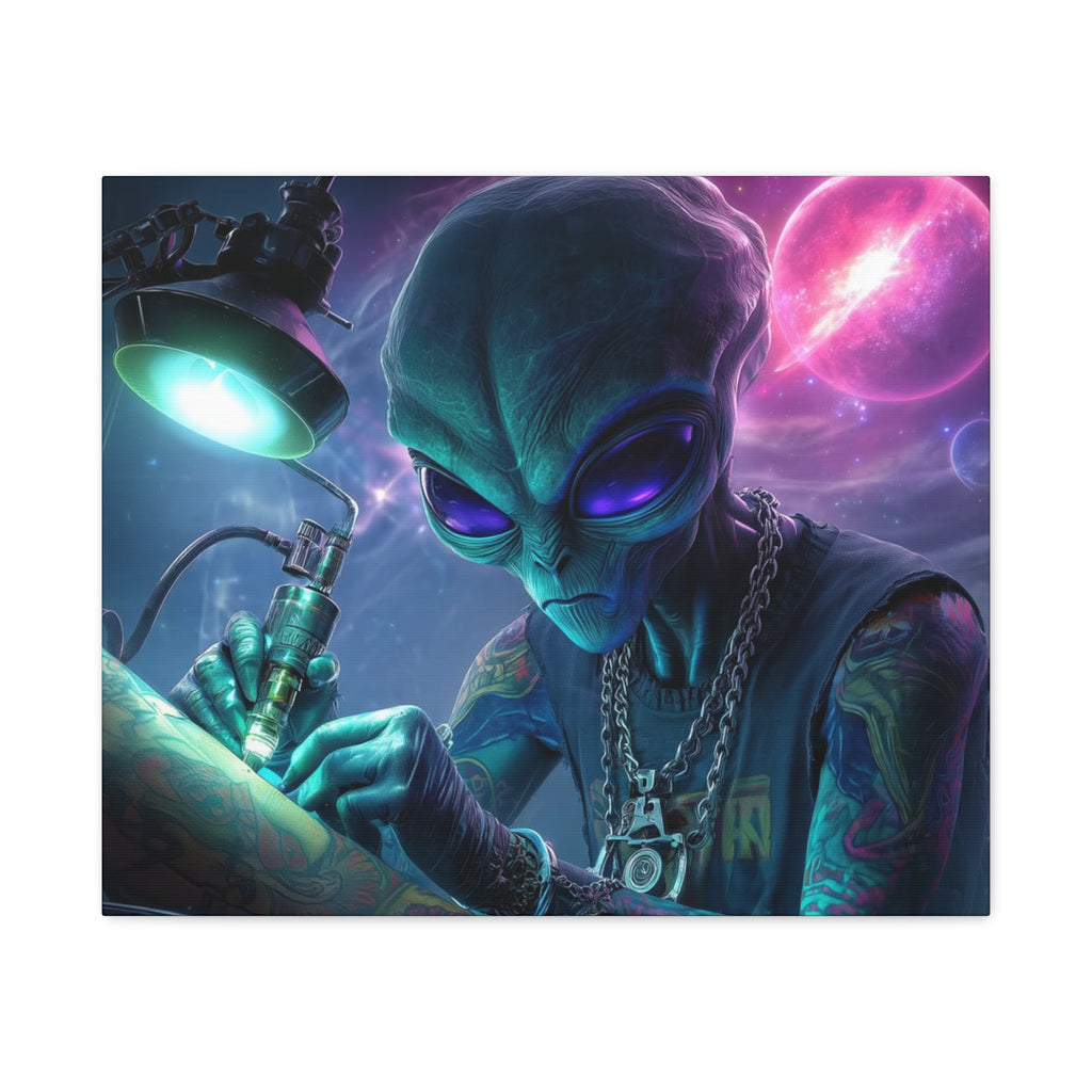 Alien Tattoo Artist Matte Canvas Print — Sci‑Fi Wall Art for Gamers & Nerd Decor