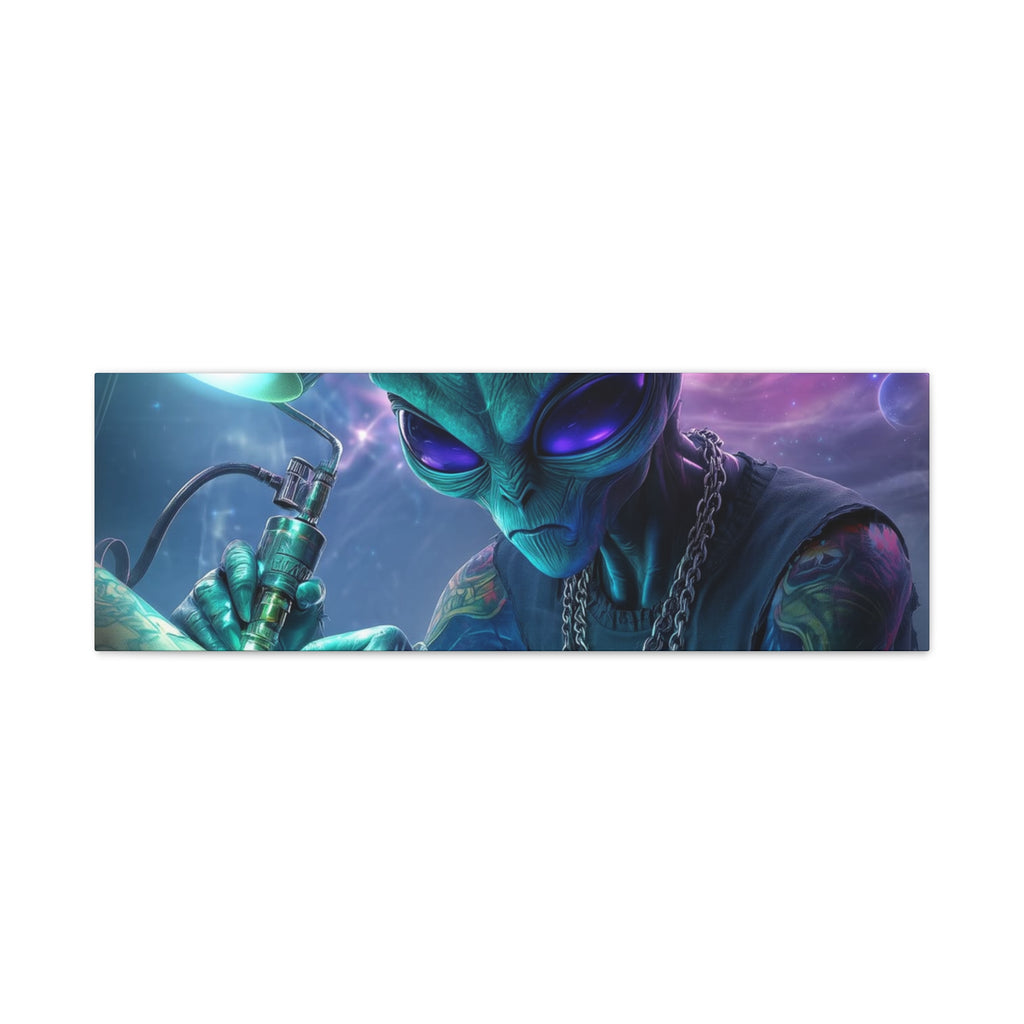 Alien Tattoo Artist Matte Canvas Print — Sci‑Fi Wall Art for Gamers & Nerd Decor