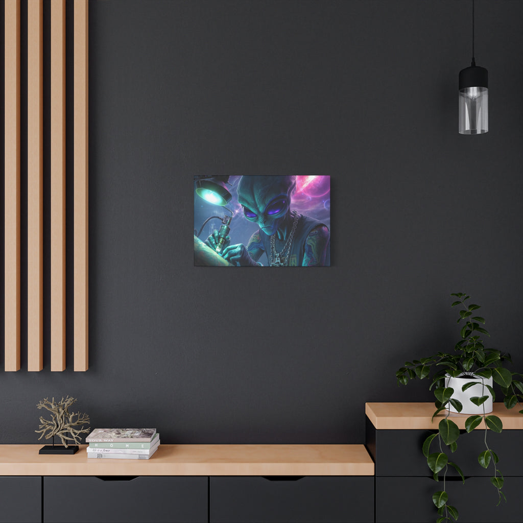 Alien Tattoo Artist Matte Canvas Print — Sci‑Fi Wall Art for Gamers & Nerd Decor
