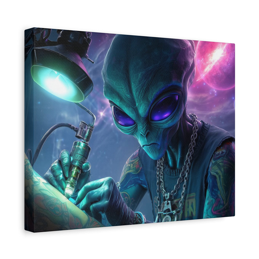 Alien Tattoo Artist Matte Canvas Print — Sci‑Fi Wall Art for Gamers & Nerd Decor
