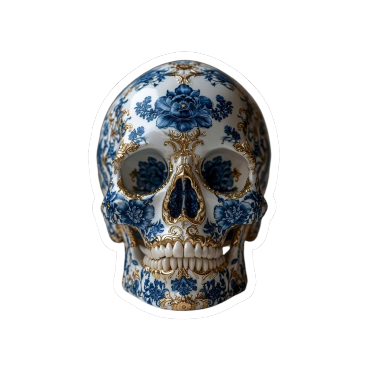 Blue Floral Porcelain Skull Sticker