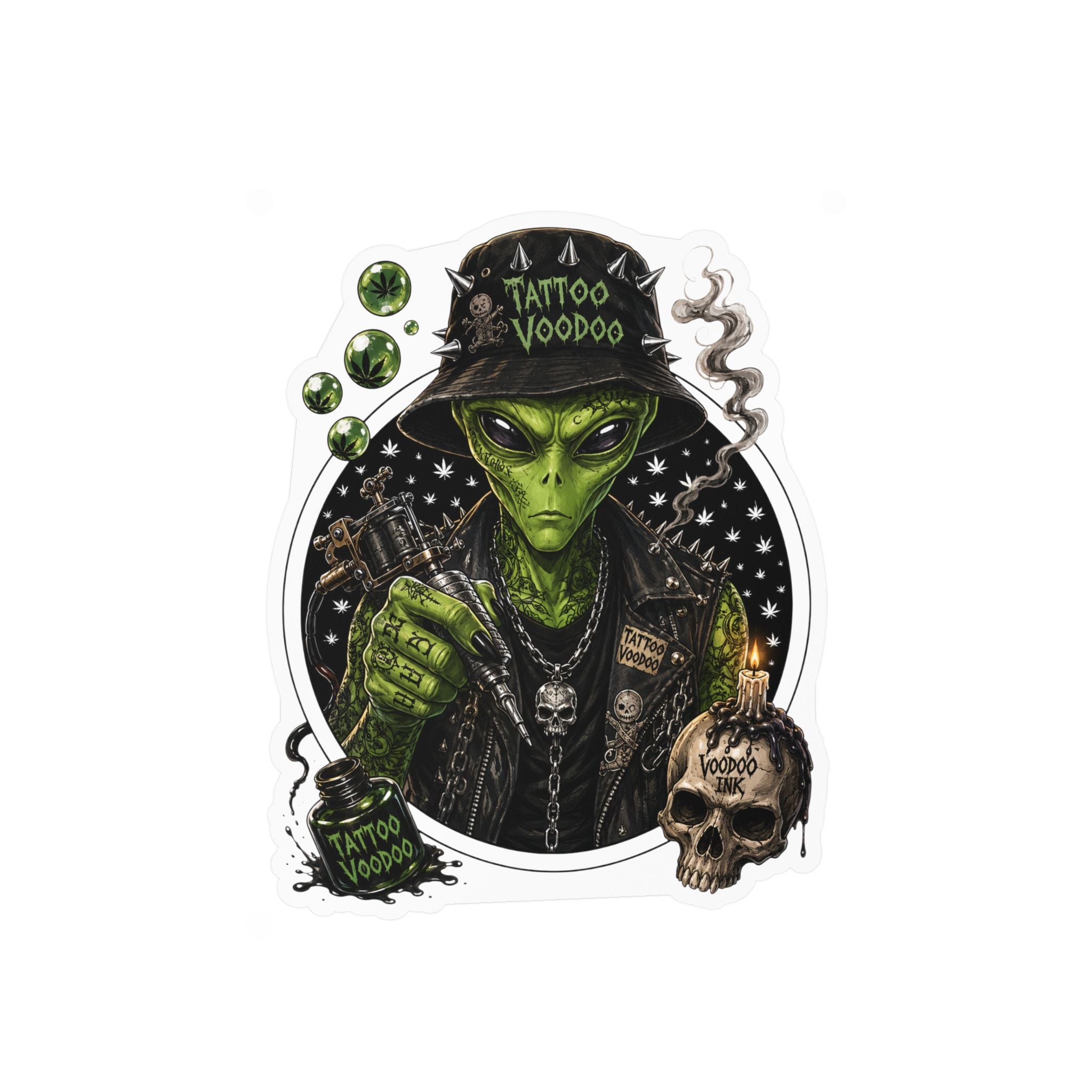 Alien Voodoo Tattoo Kiss-Cut Vinyl Decal — Green Alien with Skull & Smoke