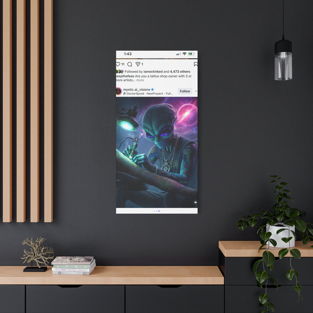 Alien Tattoo Artist Matte Canvas Print — Sci‑Fi Wall Art for Gamers & Nerd Decor
